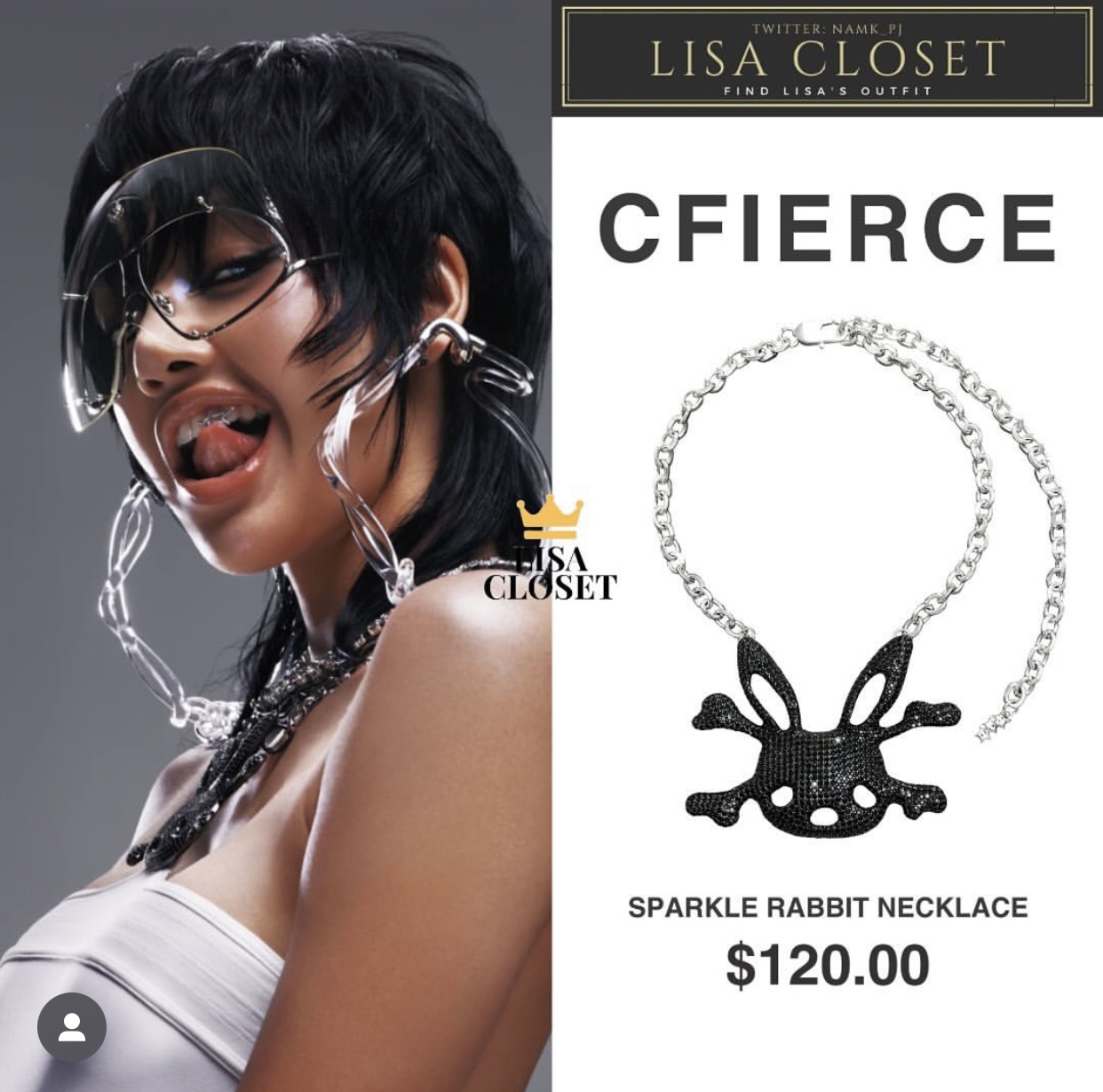 Mẫu vòng cổ kim loại với biểu tượng chú thỏ của thương hiệu Cfierce có giá bình dân nhất trong loạt phụ kiện được Lisa đầu tư cho MV Rockstar, item này có giá 120 USD (khoảng 3 triệu đồng).