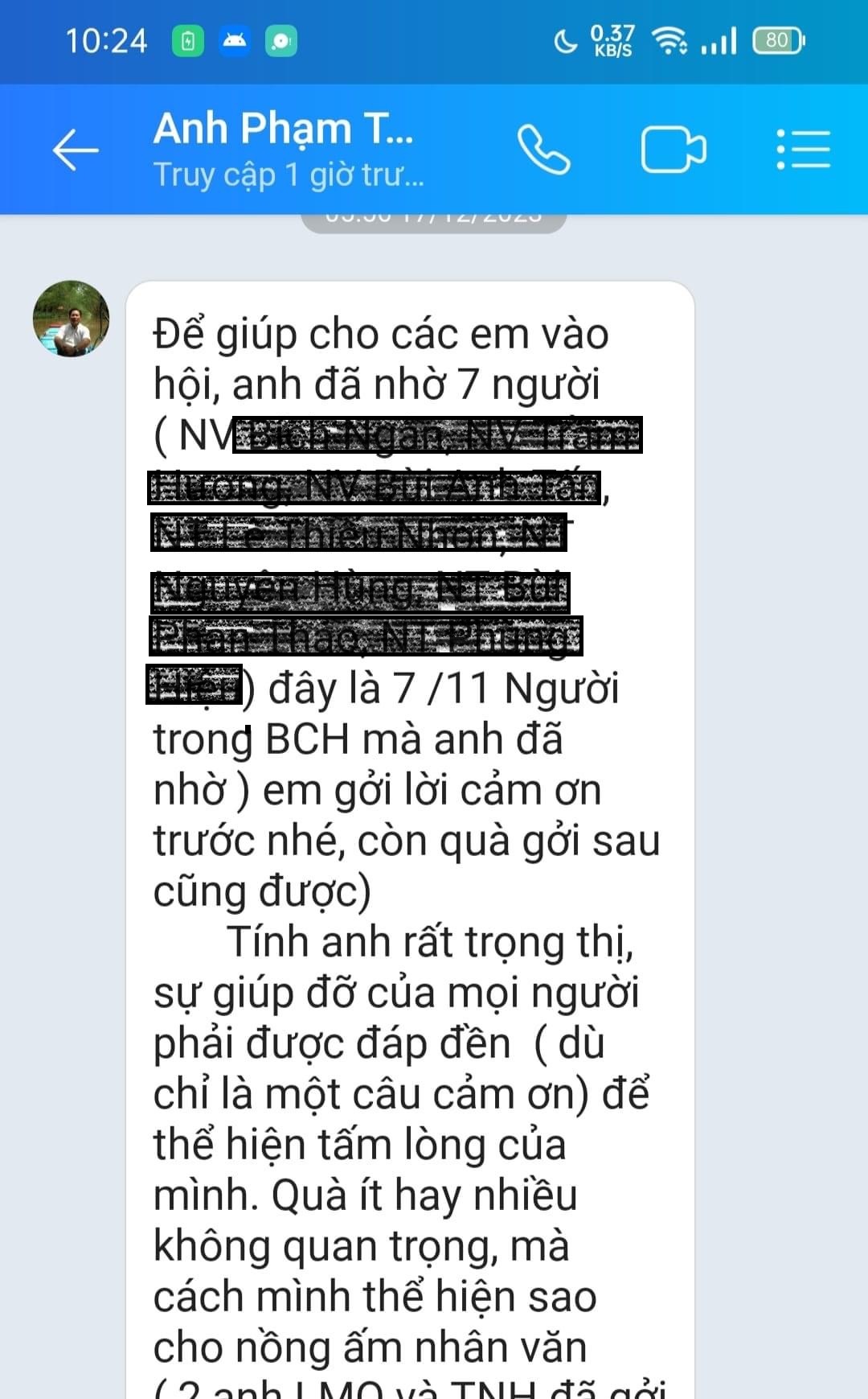 Tin nhắn của ông Tín gửi cho bà L. liệt kê những cá nhân trong hội - Ảnh từ Facebook của bà L.