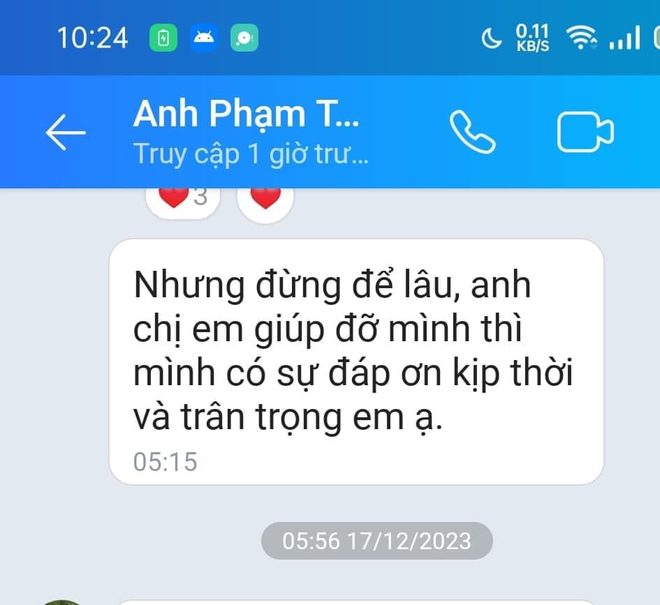 Tin nhắn của ông Tín gửi cho bà L. - Ảnh từ Facebook của bà L.