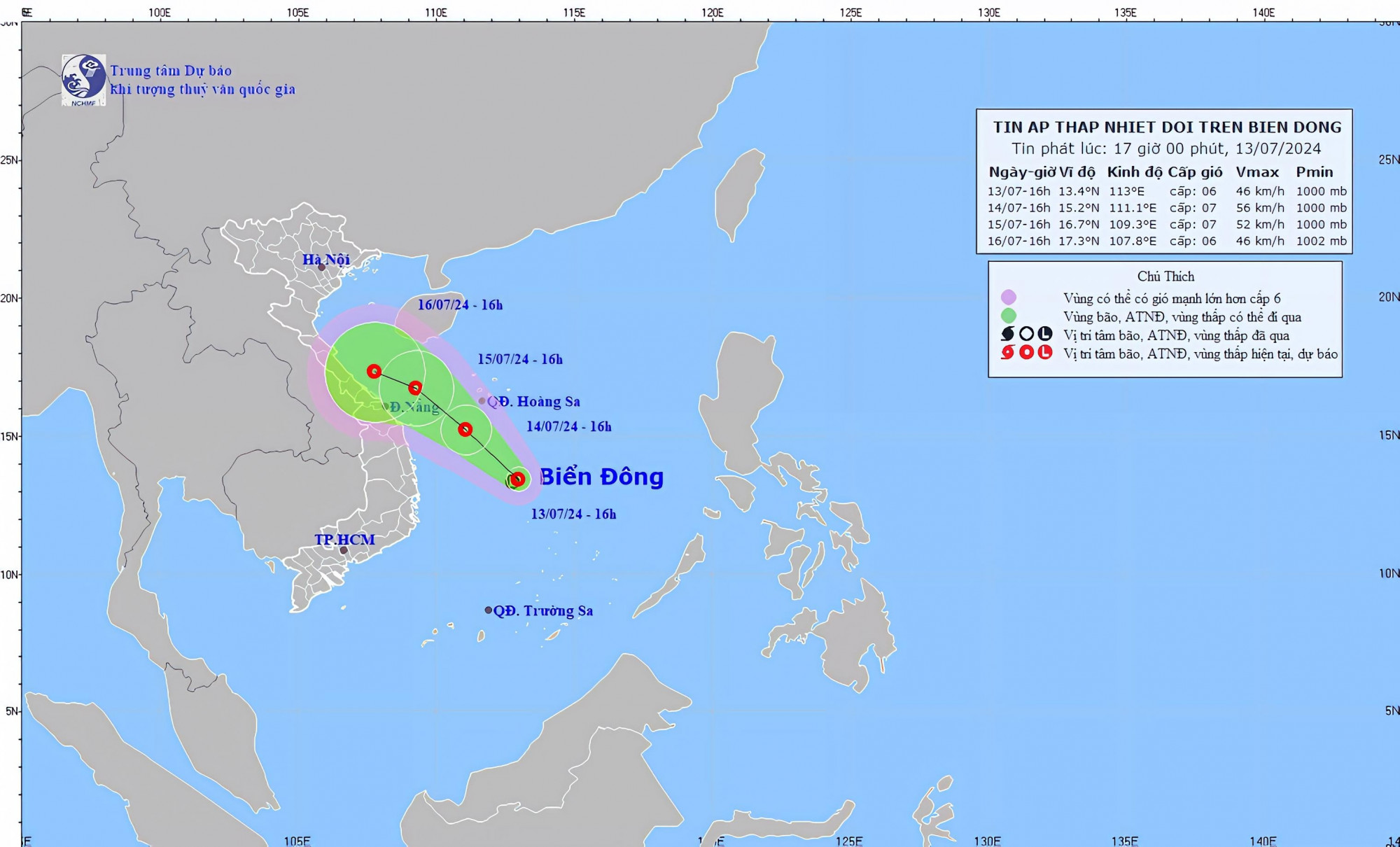 Dự báo đường đi của vùng áp thấp nhiệt đới. Ảnh: nchmf.gov.vn