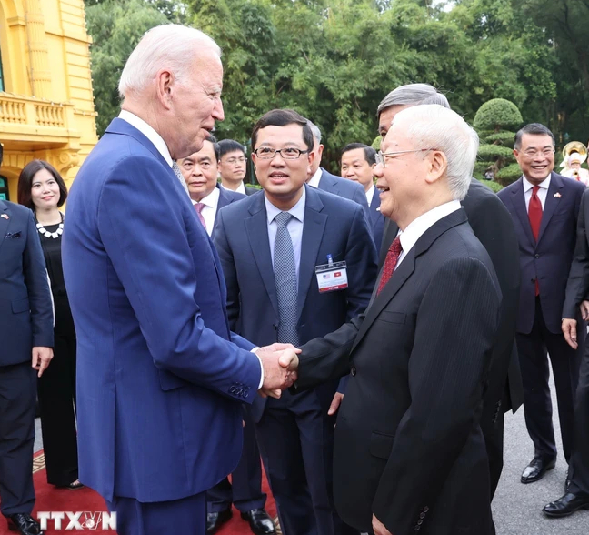 Tổng bí thư Nguyễn Phú Trọng đón Tổng thống Hoa Kỳ Joe Biden - Ảnh: Trí Dũng/TTXVN