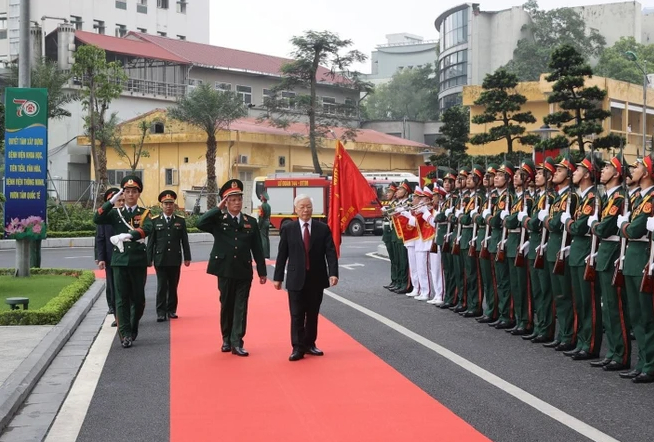 Tổng Bí thư Nguyễn Phú Trọng dự lễ kỷ niệm 70 năm ngày Truyền thống Bệnh viện Trung ương Quân đội 108 (1/4/1951-1/4/2021). (Ảnh: PV/Vietnam+).