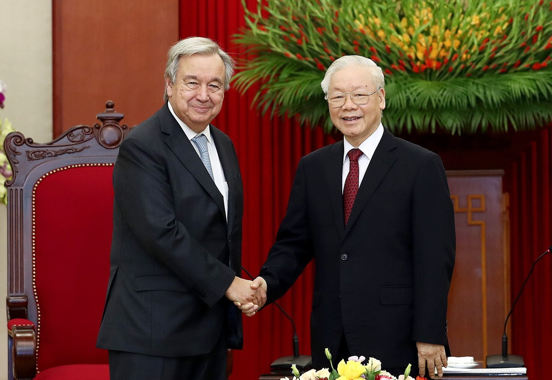 Tổng bí thư Nguyễn Phú Trọng tiếp Tổng thư ký Liên hiệp quốc António Guterres trong chuyến thăm chính thức Việt Nam  năm 2022 - ẢNH: HẢI NGUYỄN