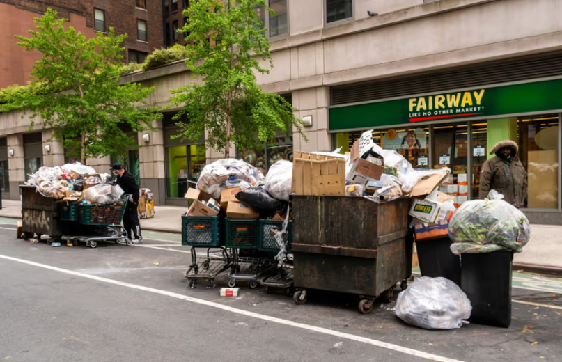 Mọi người lục lọi thùng rác bên ngoài siêu thị Fairway ở khu Chelsea của thành phố New York - Ảnh: Richard Levine/Alamy