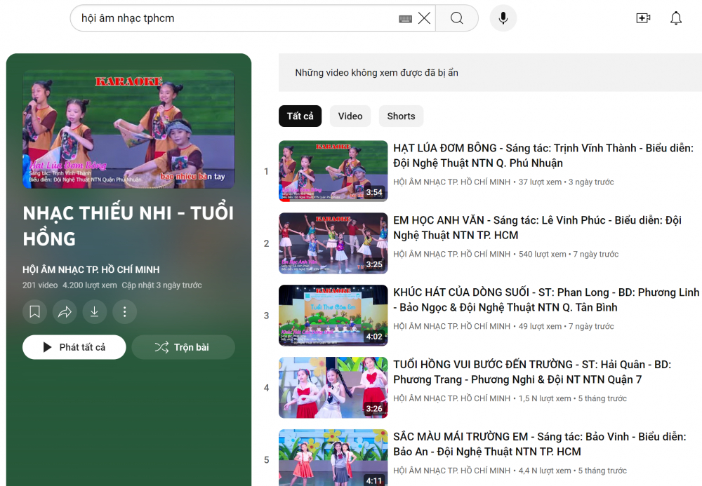 Thư viện Âm nhạc thiếu nhi trên kênh youtube Hội Âm nhạc TPHCM.