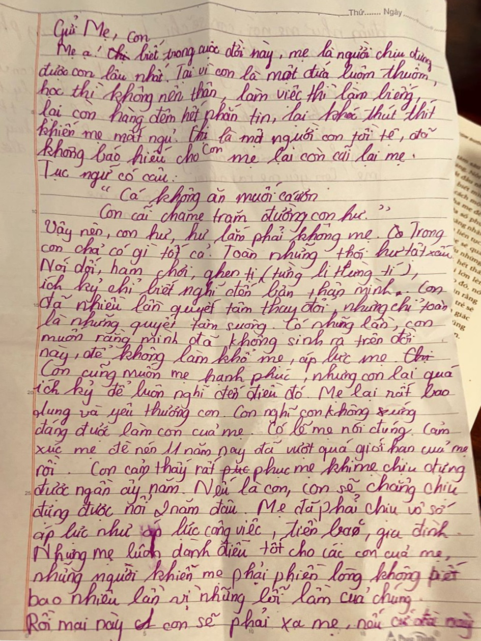 Lá thư của con gái giúp tác giả nhận ra mình đã sai khi trút mọi áp lực cuộc sống lên con - Ảnh do nhân vật cung cấp
