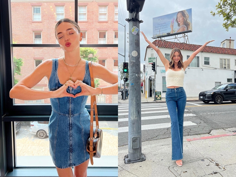 Trang phục denim: Đây là ''vũ khí'' giúp Miranda Kerr duy trì vẻ ngoài trẻ trung, bụi bặm. Kiểu đồ này cũng không giới hạn độ tuổi, các quý cô ngoài 40 nên bổ sung cho tủ quần áo. Ngoài các kiểu quần denim quen thuộc như quần jeans ống đứng, ống loe hoặc quần skinny jeans, cựu siêu mẫu còn làm mới phong cách với váy liền hoặc chân váy denim mang đến vẻ ngoài sành mốt, thời thượng.