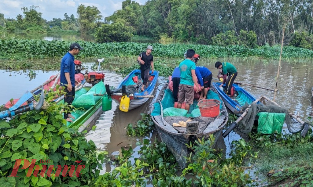 Nhiều sản vật từ mùa nước nổi, như: ếnh, cá, hẹ nước, bông điên điển… được người dân vận chuyển đến chợ để bán.