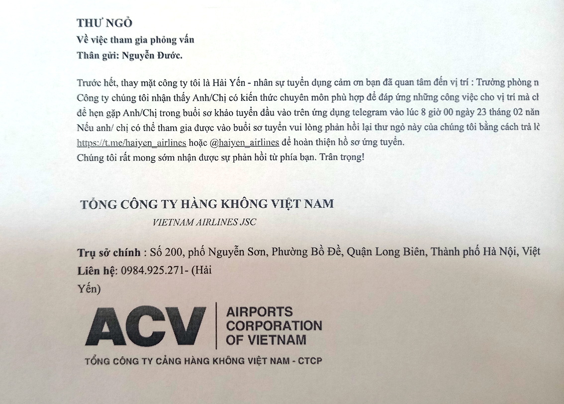 Email mạo danh Tổng công ty Hàng không Việt Nam để lừa đảo tuyển dụng nhân sự