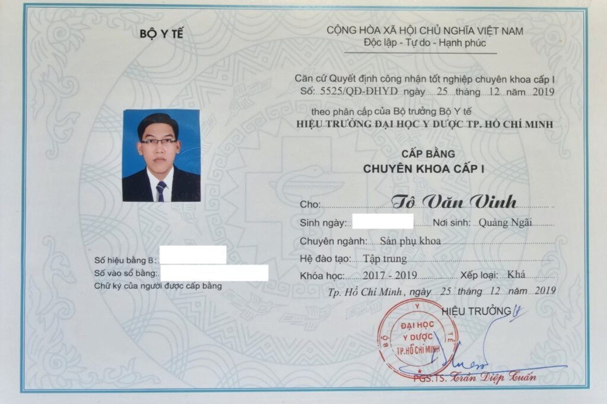 Chứng nhận tốt nghiệp Trường đại học Y Dược TPHCM của BS.CKI. Tô Văn Vinh - Ảnh: Felisa Momspa