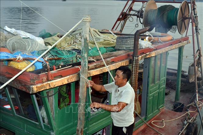 Ngư dân chằng buộc tàu cá khi di chuyển về nơi tránh trú an toàn tại khu vực thành phố Hạ Long (Quảng Ninh). Ảnh: Thanh Vân/TTXVN