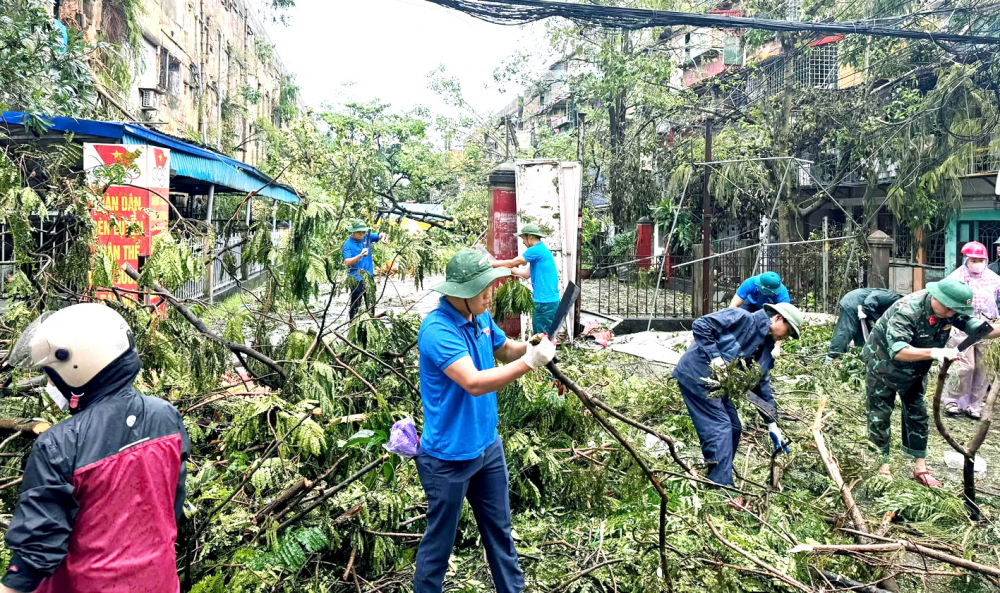 Thanh niên tình nguyện tỉnh Nghệ An cùng các đơn vị chức năng TP Hải Phòng thu dọn cây xanh gãy đổ - Ảnh do Thành đoàn TP Hải Phòng cung cấp