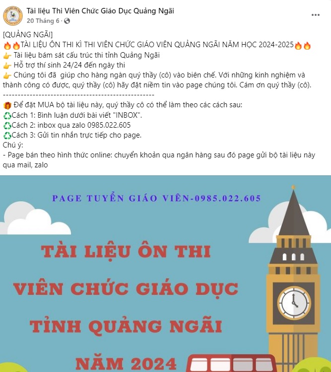 Ảnh chụp màn hình  fanpage rao bán tài liệu ôn thi