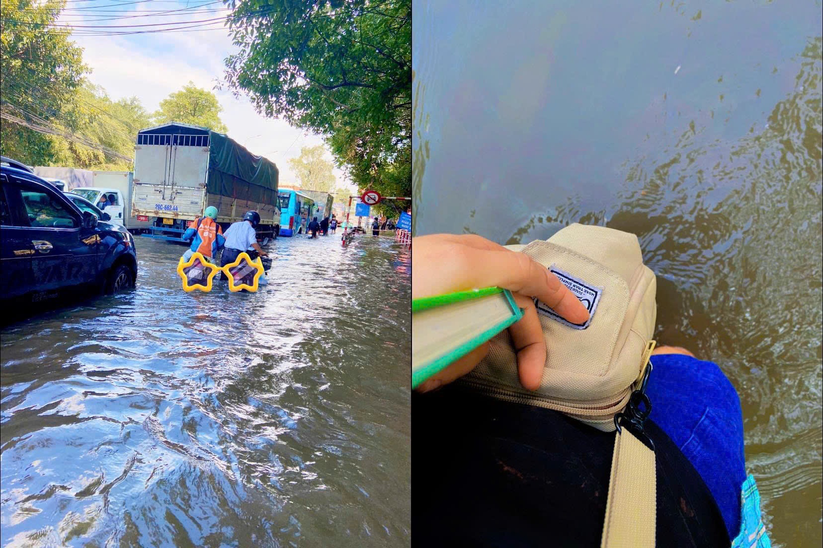 Có hôm trời mưa ngập nước, tôi phải lội nước để đi tác nghiệp, viết bài (Ảnh: Tác giả cung cấp)