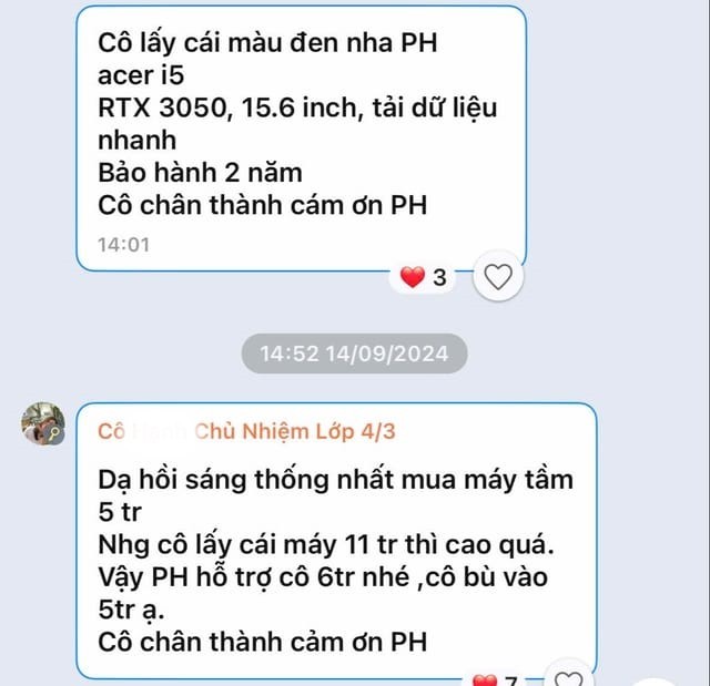 Ảnh chụp màn hình tin nhắn của cô H. gửi trong nhóm zalo của lớp