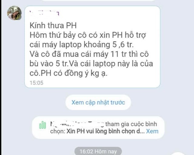 Ảnh chụp màn hình tin nhắn của cô H. gửi trong nhóm zalo của lớp