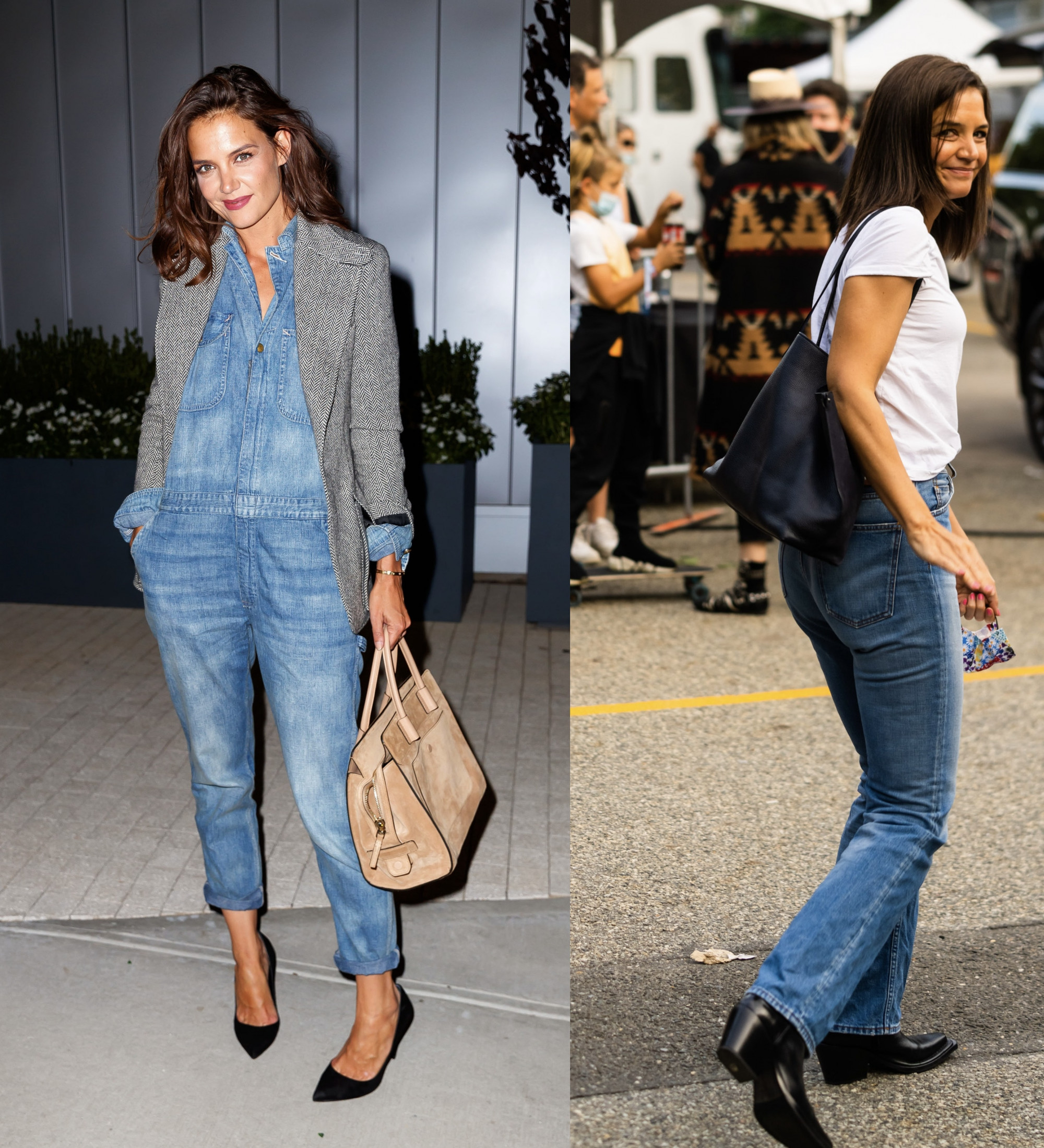 Katie Holmes ngầm khẳng định chất liệu jeans có thể xuất hiện ở khắp mọi nơi nếu biết cách kết hợp các trang phục, phụ kiện.