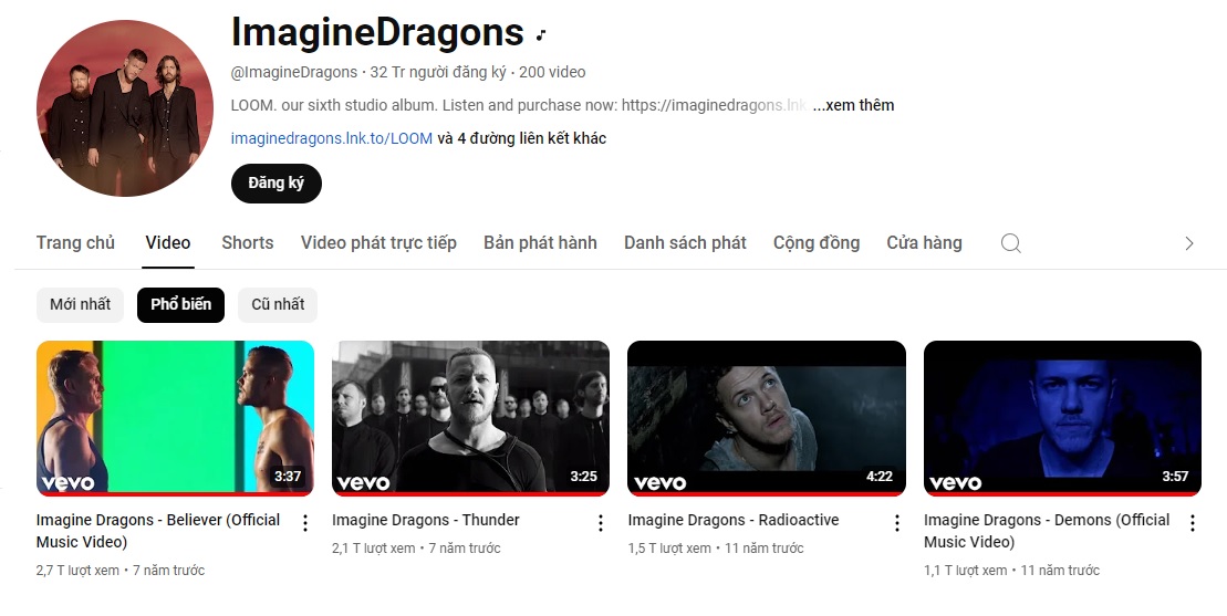 Imagion Dragons sở hữu 32 triệu lượt đăng ký YouTube cùng hàng loạt MV tỉ view