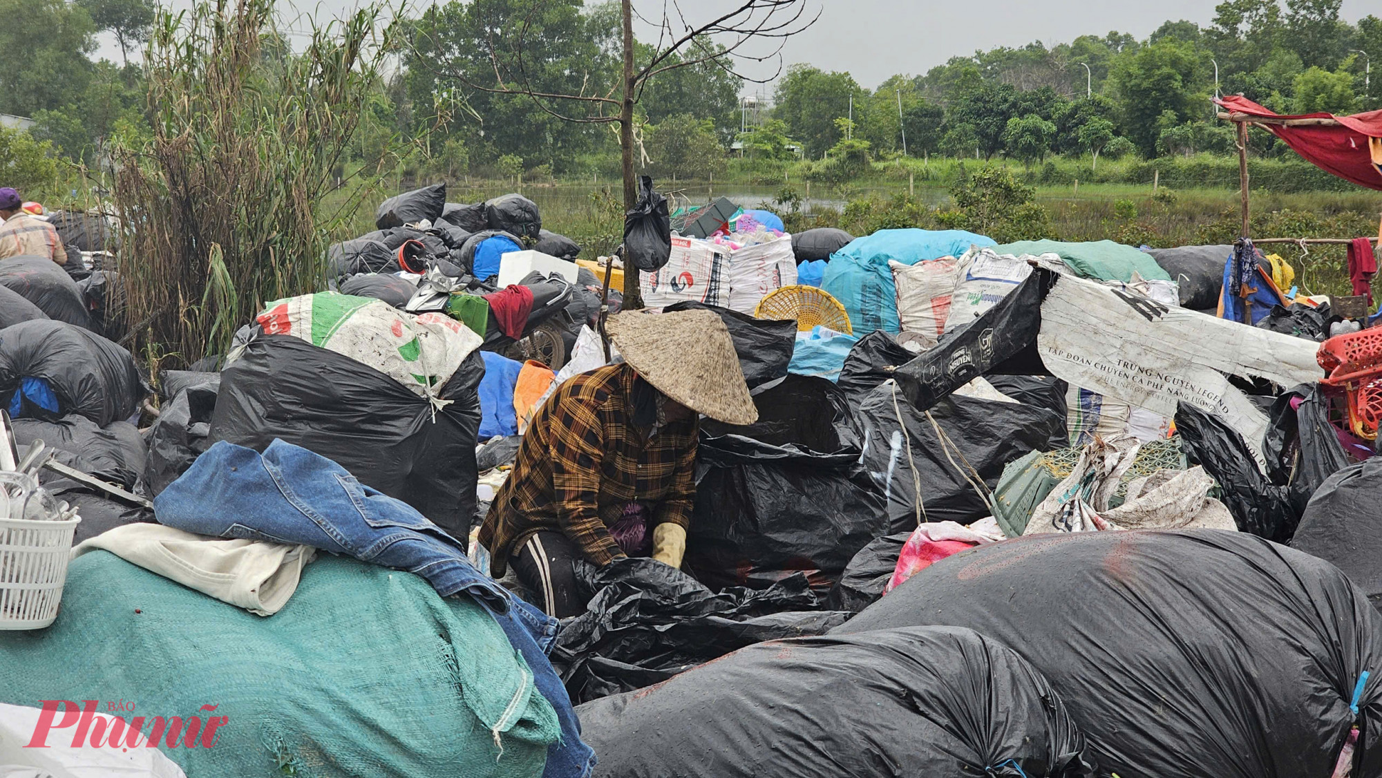 Bà Thị Nam (60 tuổi, quê An Giang) cho biết, bà không có việc làm ổn định, hàng ngày đến bãi rác nhặt phế thải. Mỗi ngày kiếm được khoảng vài trăm ngàn đồng từ việc nhặt đồ nhựa ở bãi rác - Ảnh Phú Hữu