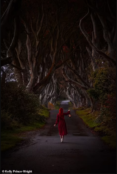 The Dark Hedges, County Antrim, Bắc Ireland. Hàng cây sồi tuyệt đẹp này được Kelly khuyên nên ghé thăm vào mùa thu để chiêm ngưỡng được sắc màu lãng mạn. Ô tô không được vào nên đậu xe ở một đầu đường và đi bộ đến.