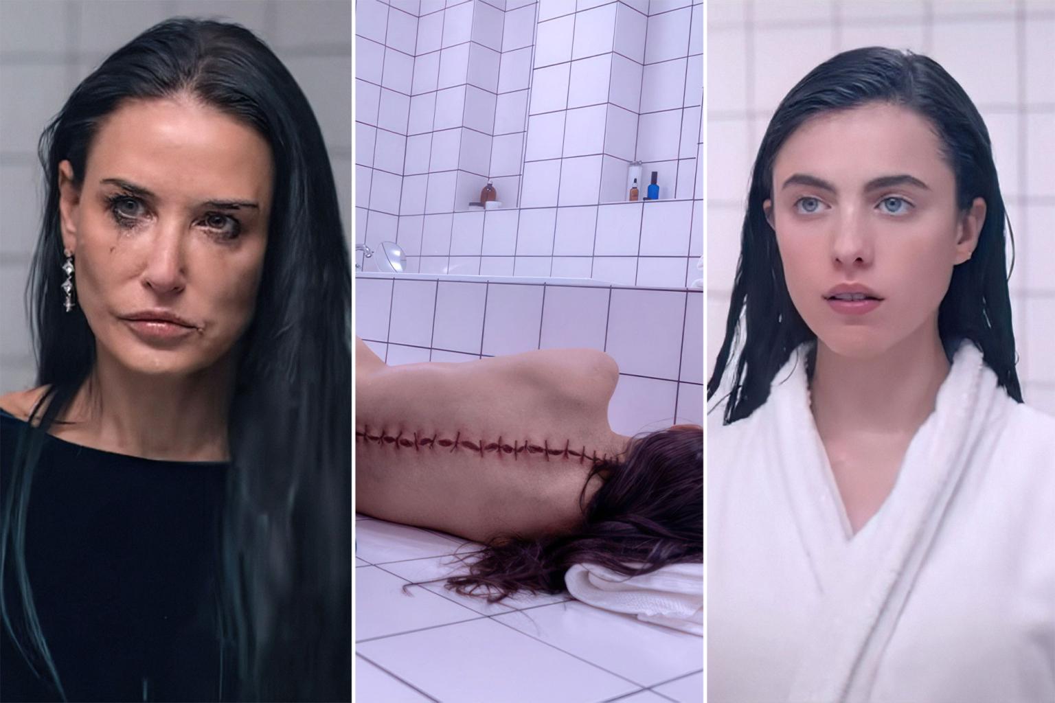 Magaret Qualley (phải) vào vai bản sao của Elizabeth do Demi Moore (trái) đóng)