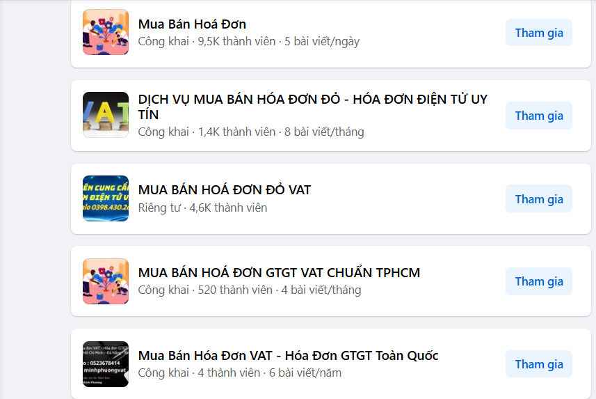 Các hội, nhóm mua bán hóa đơn nhan nhản trên mạng xã hội Facebook