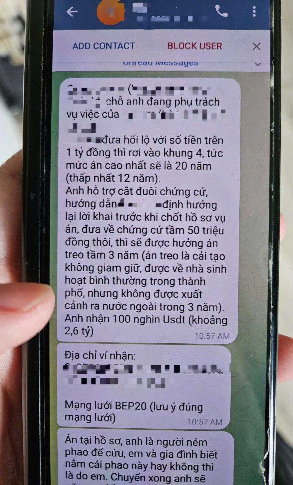 Thông tin các đối tượng mạo danh cơ quan tư pháp liên hệ với người nhà các bị can yêu cầu chuyển tiền “chạy án” bằng tiền điện tử USDT rồi chiếm đoạt.