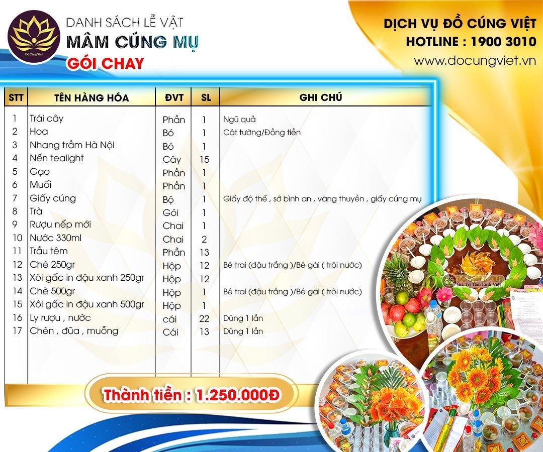 Các mâm cúng đủ chay đủ mặn, tuỳ thuộc vào nhu cầu của khách hàng