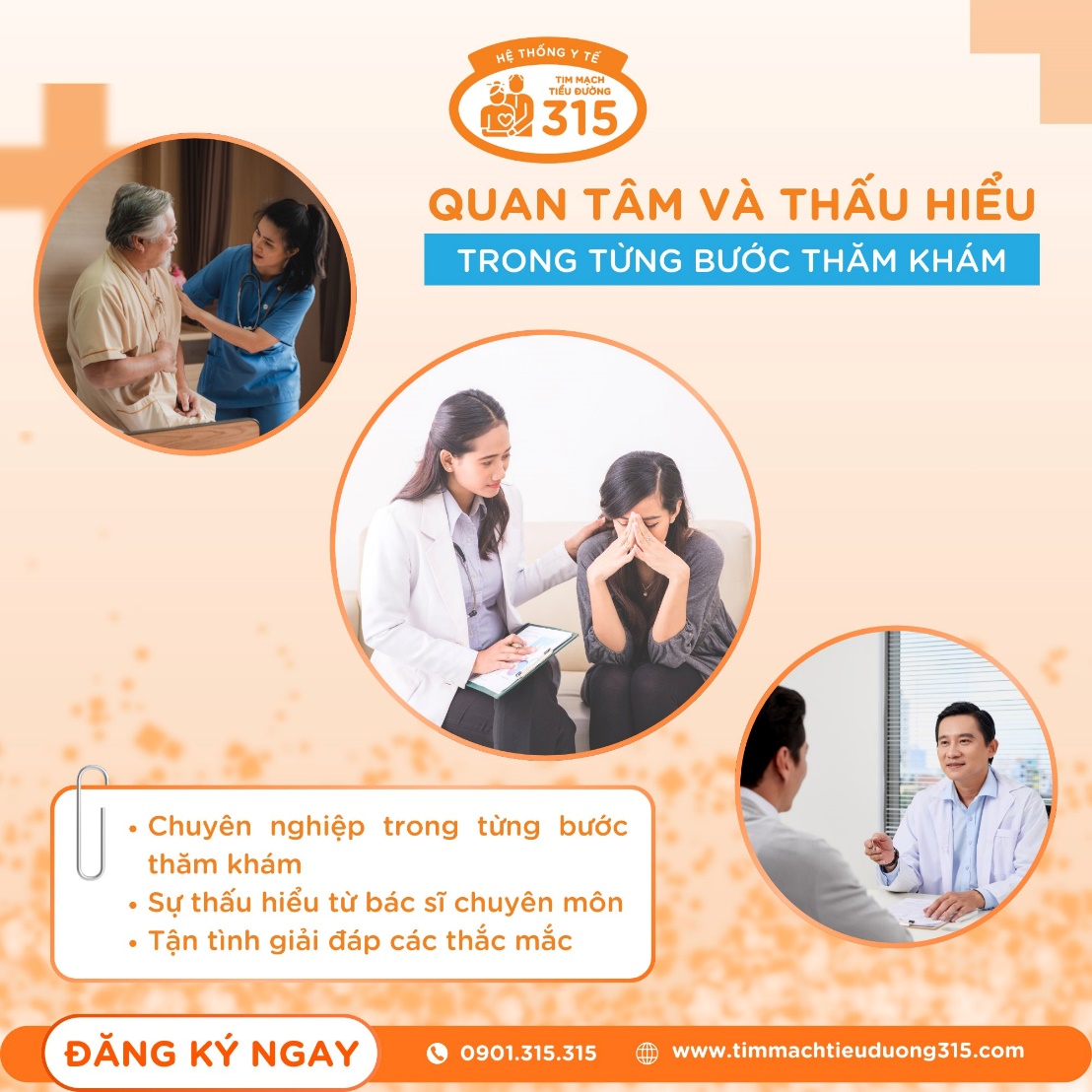 Hệ thống Y tế Tim mạch - Tiểu đường 315 luôn hướng đến việc mang lại cho khách hàng sự an tâm trong từng bước thăm khám. Với đội ngũ bác sĩ dày dặn kinh nghiệm và luôn tận tâm, mọi bệnh nhân sẽ cảm nhận được sự chuyên nghiệp, chu đáo từ quá trình tư vấn ban đầu cho đến các bước kiểm tra, thăm khám