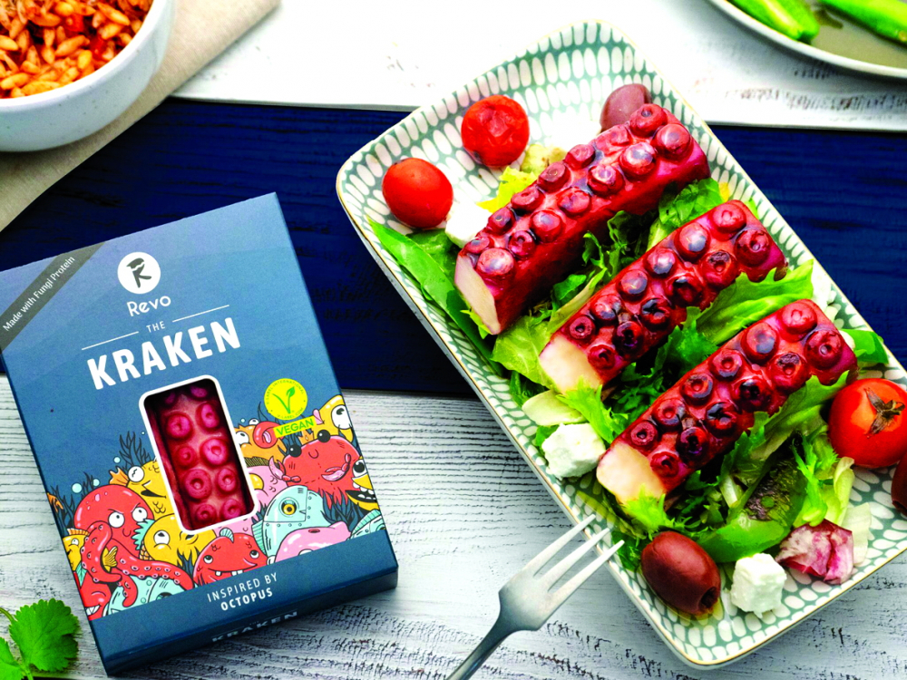 Khái niệm mới lạ về hải sản Thịt bạch tuộc nhân tạo The Kraken có thể được chế biến thành các món nướng, chiên, xào hoặc salad hải sản bổ dưỡng - Nguồn ảnh: Revo Foods