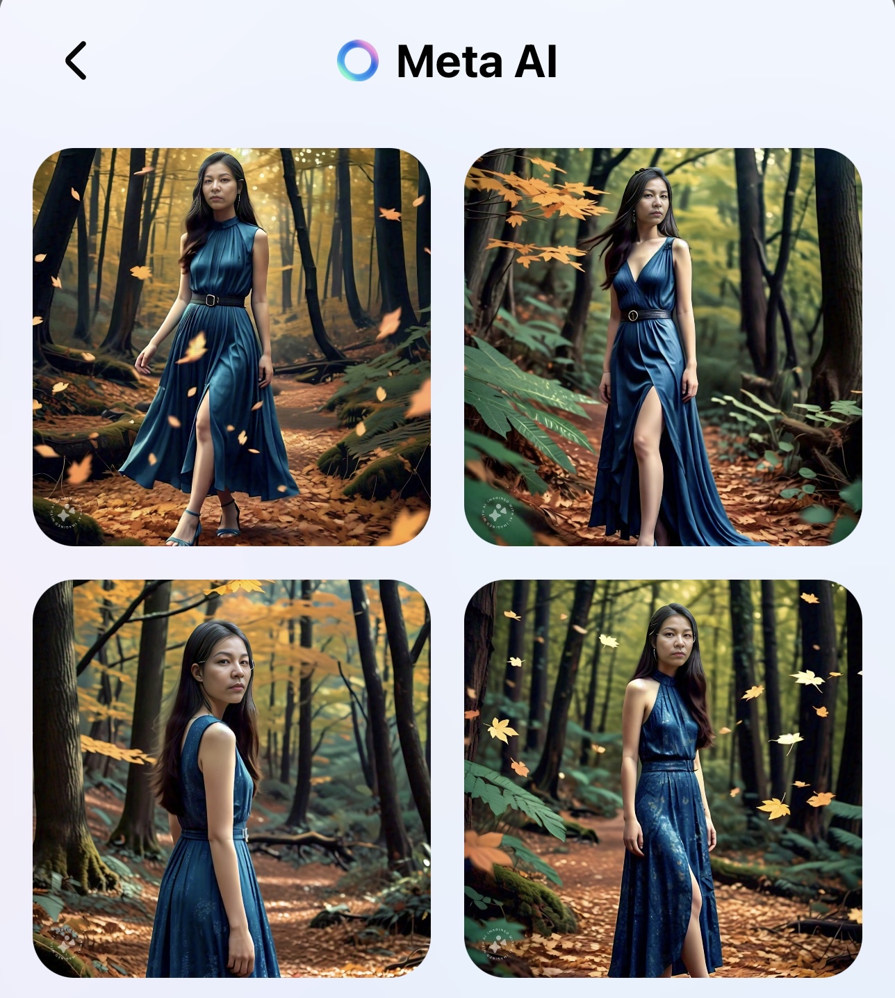 Chỉ cần ra đề: Me in a forest with falling leaves, long sleeveless blue dress, high heels shoes, straight hair, AI sẽ cho ra những bức ảnh tôi như thế này