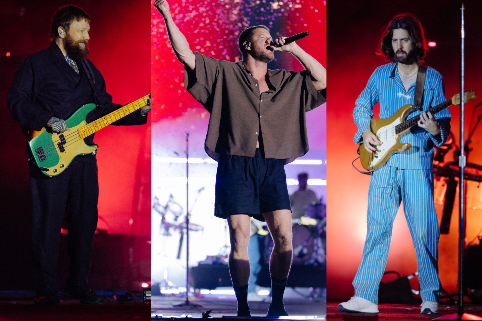 Các thành viên trong nhóm Imagine Dragons lên sân khấu với trang phục giản dị