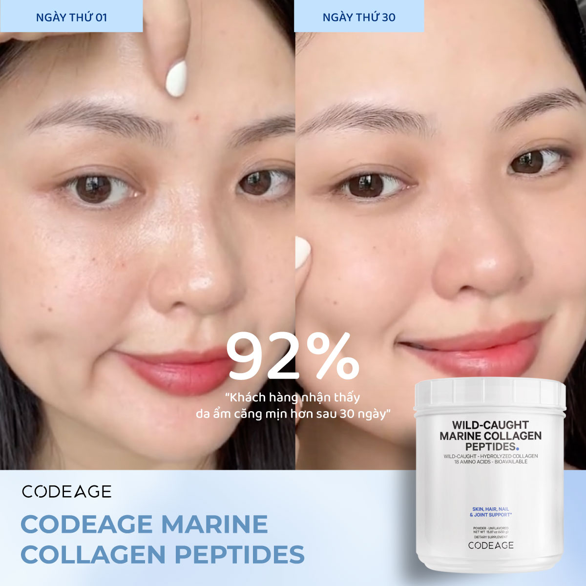 Làn da trước và sau khi bổ sung collagen có sự căng mọng và đàn hồi rõ rệt - Ảnh: Codeage