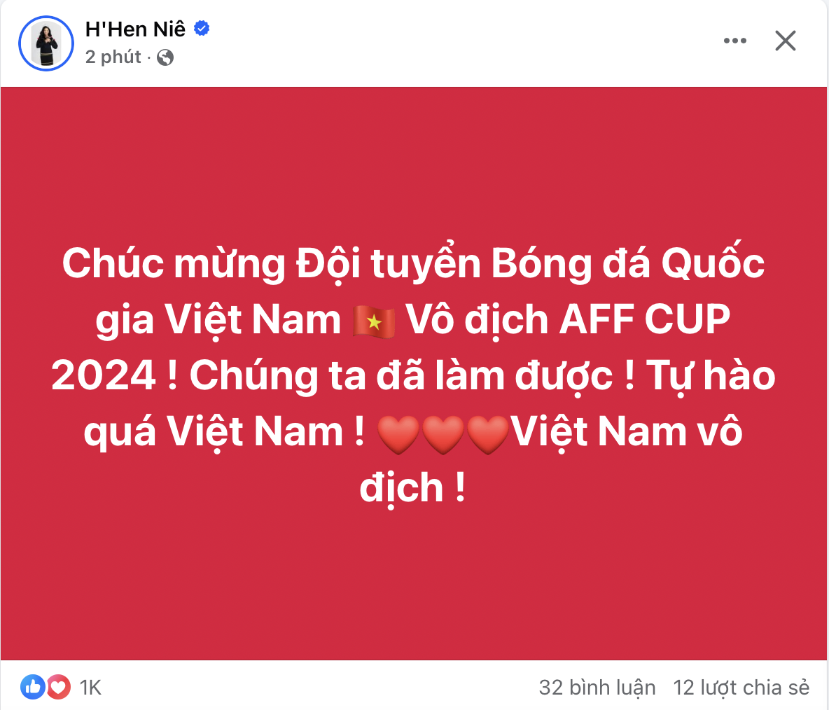 Hoa hậu H'Hen Niê cũng hoà chung không khí trận đấu đầy căng thẳng này. Cô nói xúc động khi đội tuyển quốc gia đoạt chức vô địch. H'Hen Niê cũng gửi gắm niềm tin vào đội nhà trước khi trận đấu diễn ra. 