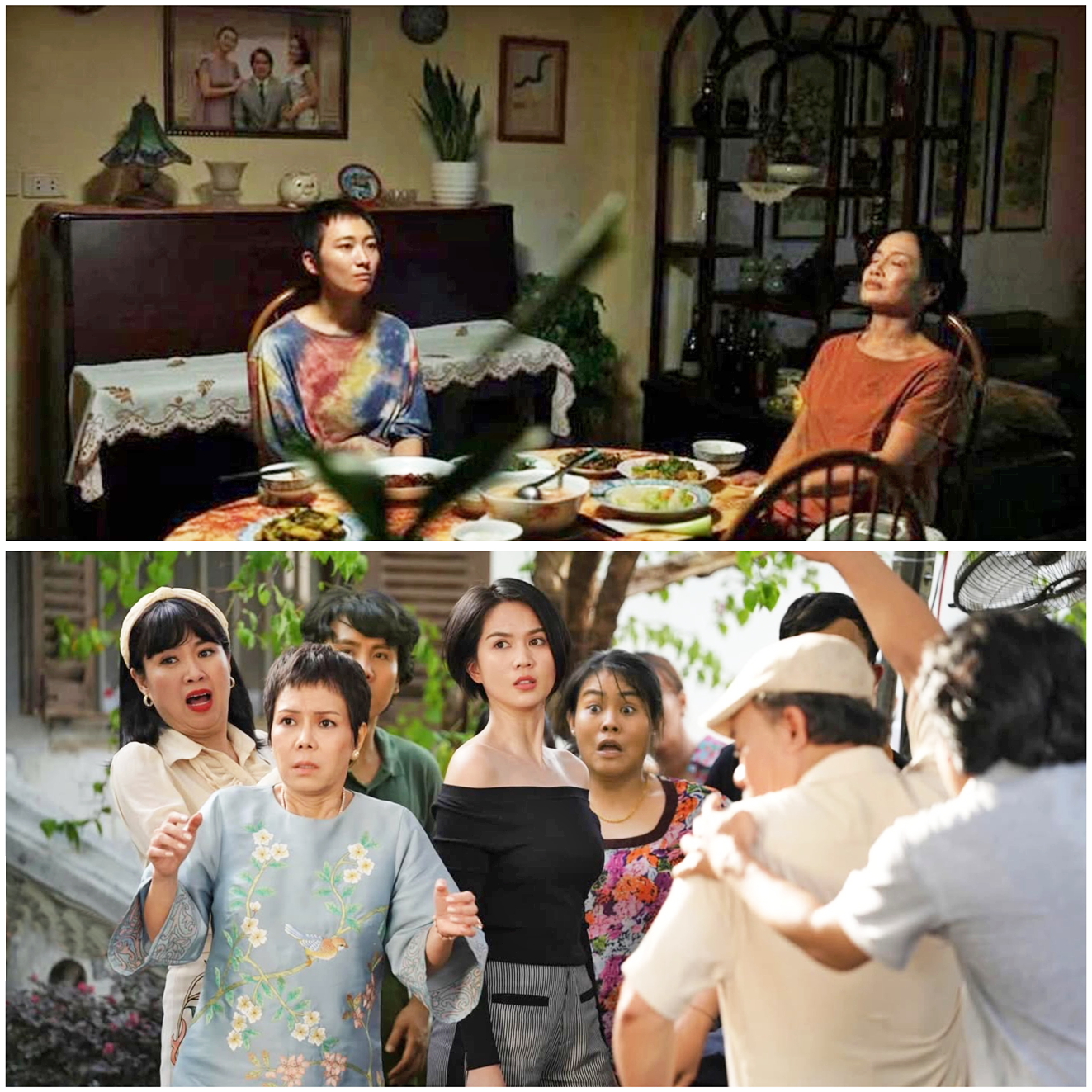 Chủ đề gia đình, mâu thuẫn giữa các thành viên trong nhà được các nhà làm phim khai thác trong phim nghệ thuật Mưa trên cánh bướm (trên) và phim thương mại Chị dâu (dưới) - Ảnh do đoàn phim cung cấp