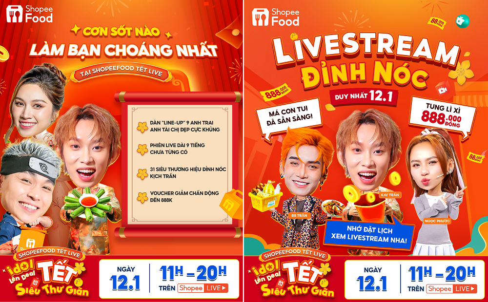 Đã ồn, nay còn ồn hẳn 9 tiếng, livestream “Idol Lên Deal - Tết Siêu Thư Giãn” hứa hẹn sẽ hội tụ những màn quăng miếng để đời chỉ có duy nhất tại ShopeeFood - Ảnh: ShopeeFood