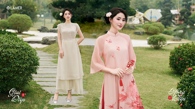 Áo dài Hồng Điệp và áo dài Giai Điệp duyên dáng trong sắc xuân - Ảnh: Lamer Fashion