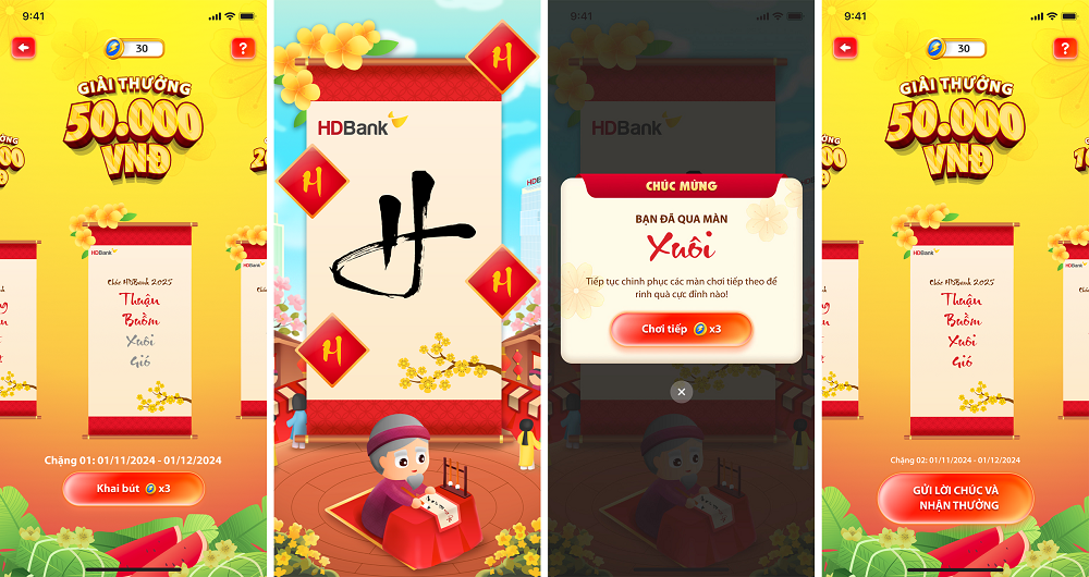 Trên hành trình du xuân ngắm mai đào nở trên app HDBank, khách hàng sẽ nhận được những lời chúc ý nghĩa từ ông đồ cùng cơ hội lãnh tiền thưởng “ting ting” ngay vào tài khoản