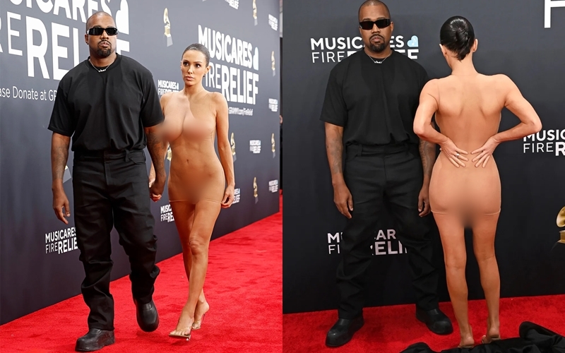  vợ chồng Kanye West (Ye) - Bianca Censori làm ''náo loạn'' thảm đỏ Grammy với bộ cánh mỏng manh màu nude ''tàng hình'', mặc như không mặc gây nhức mắt khán giả. Vợ Kanye West đã hứng không ít ''gạch đá'' vì màn lên đồ như khỏa thân.