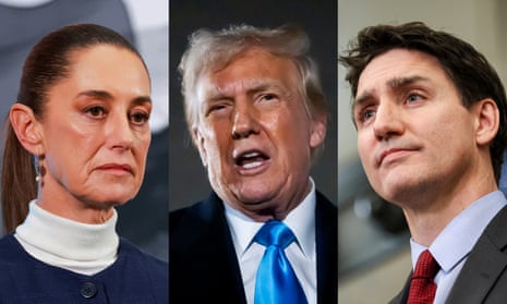 Ông Donald Trump (chính giữa) bất ngờ quyết định tạm hoãn áp thuế hàng hóa với Canada và Mexico vào phút chót - Ảnh: uardian