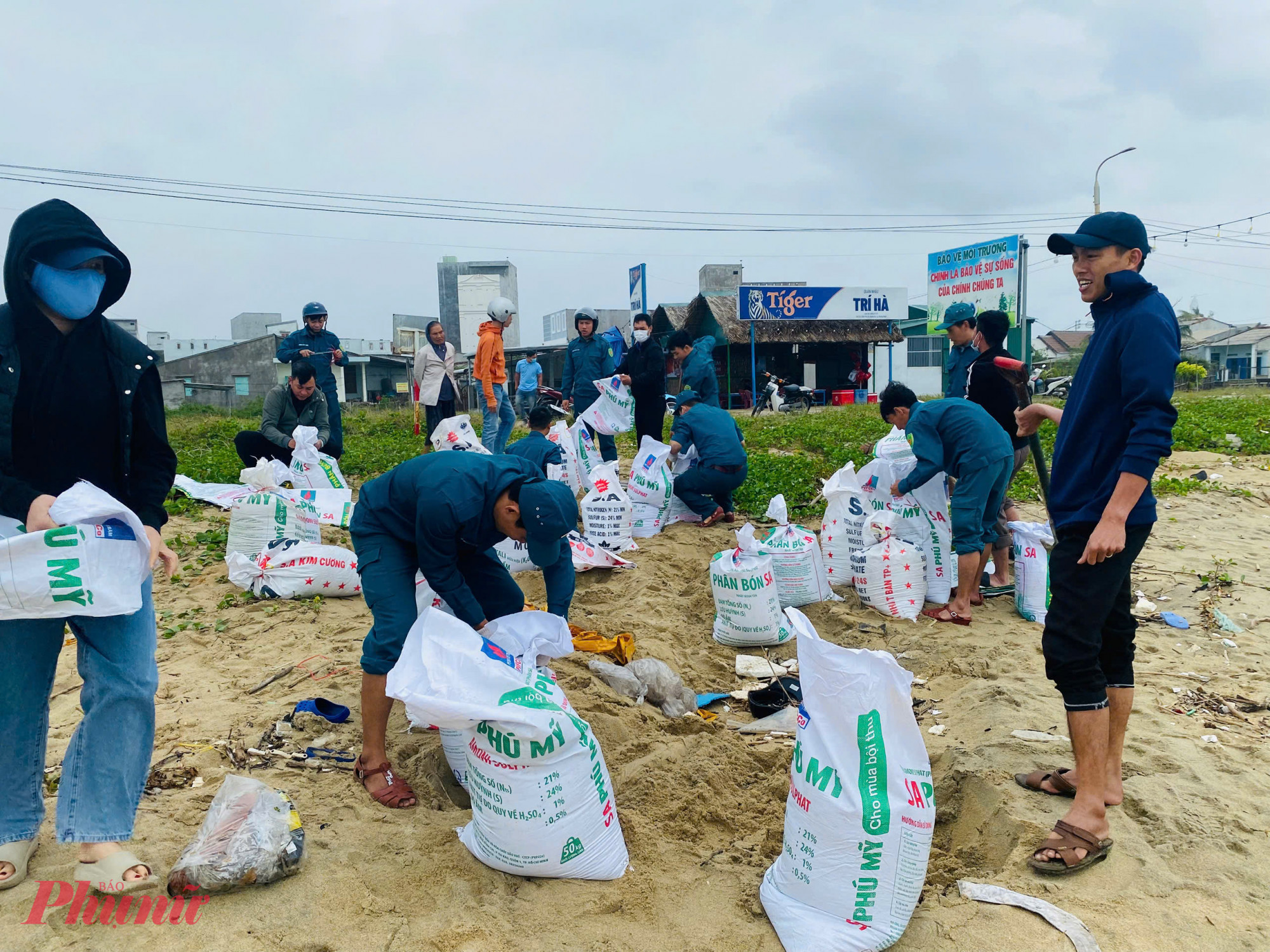 Chính quyền xã An Phú đã huy động các lực lượng dùng bao cát để kè chắn tạm hạn chế sóng biển xâm thực