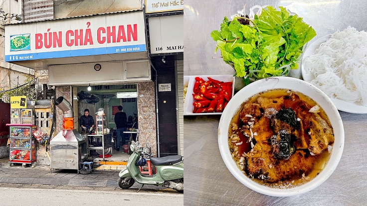 Bún Chả Chan -114 Mai Hắc Đế, quận Hai Bà Trưng. Đây là phiên bản khác của bún chả Hà Nội. Bún chả thông thường thì có thịt ba rọi nướng, thịt viên được ăn cùng rau thơm, xà lách ăn, bún tươi và nước mắm chua ngọt. Bún chả chan này có nước dùng nóng hổi chan vào tô bún có thịt ba rọi nướng, thịt viên nướng, cùng rau cải. Quán bán từ 1g30 - 15g30 mỗi ngày với giá từ 40.000 đồng - Ảnh: Michelin