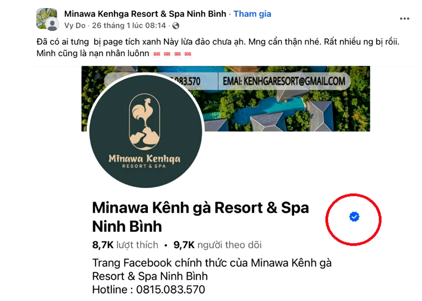 Fanpage giả mạo khu du lịch Minawa Kênh Gà Resort & Spa Ninh Bình  khiến nữ du khách ở Hải Phòng bị lừa hơn 1 tỉ đồng - Ảnh chụp màn hình