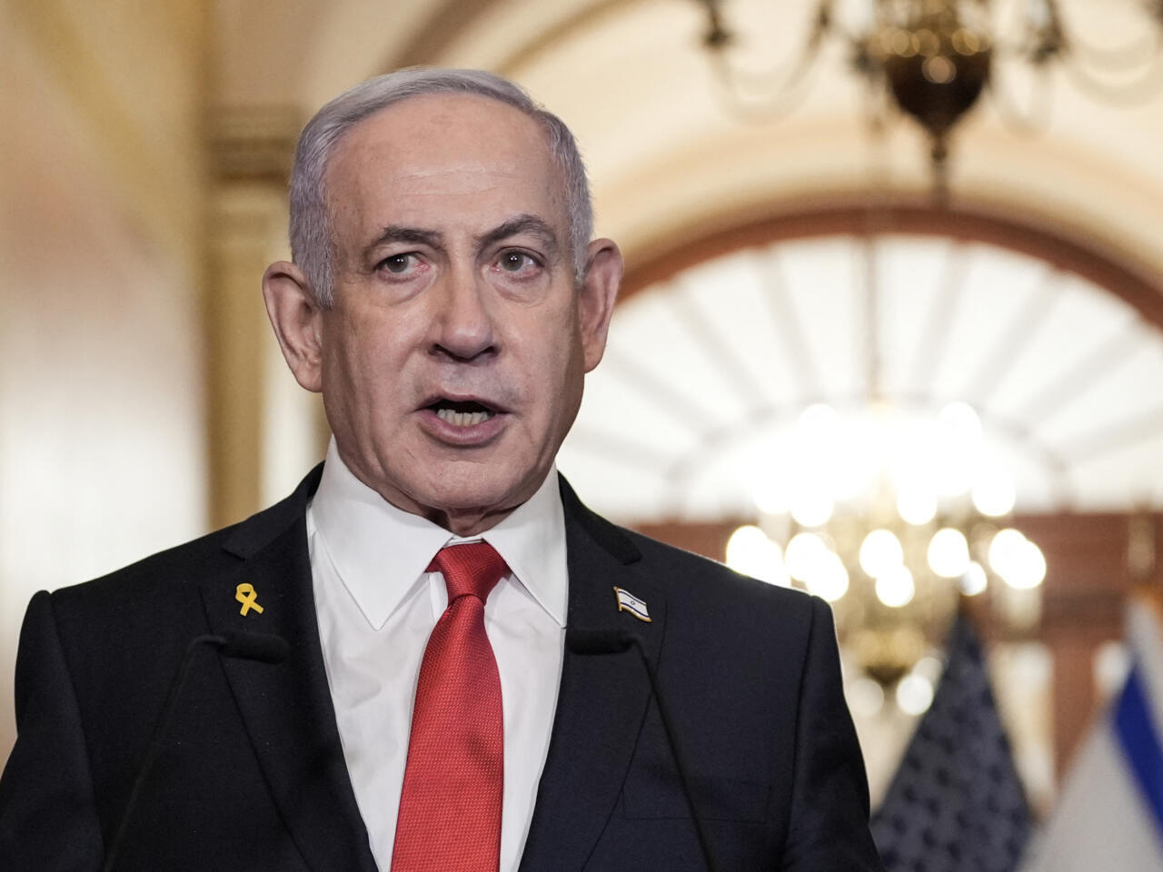 Thủ tướng Israel Benjamin Netanyahu tại Điện Capitol Hoa Kỳ sau cuộc họp kín với Chủ tịch Hạ viện Mike Johnson, ngày 7/2 - Ảnh: AFP