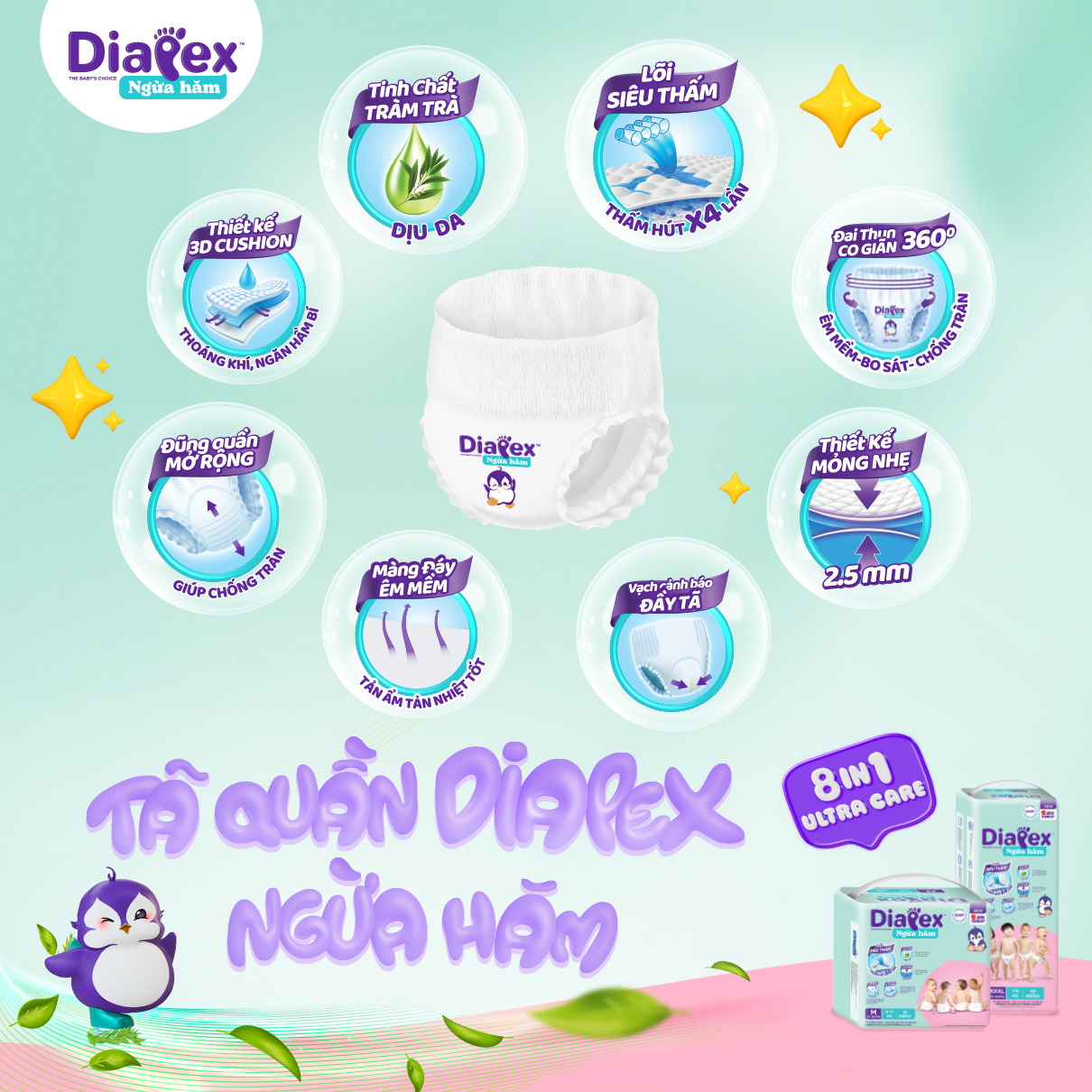 Tã Diapex 8IN1 Ultra Care mang đến 08 tính năng ngừa hăm vượt trội trong mỗi chiếc tã.