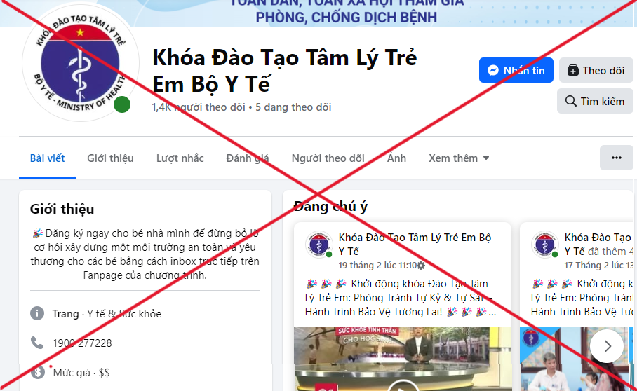 Hình ảnh fanpage mạo danh Bộ Y tế (ảnh chụp màn hình)