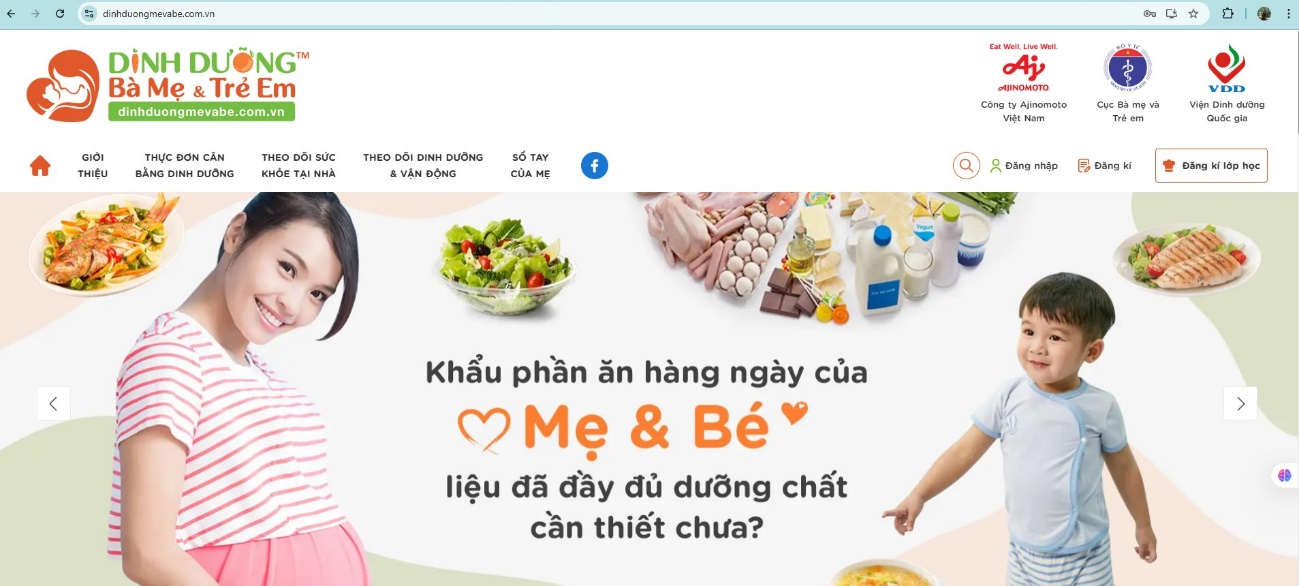 Trang chủ phần mềm xây dựng thực đơn cho mẹ và bé thuộc chương trình