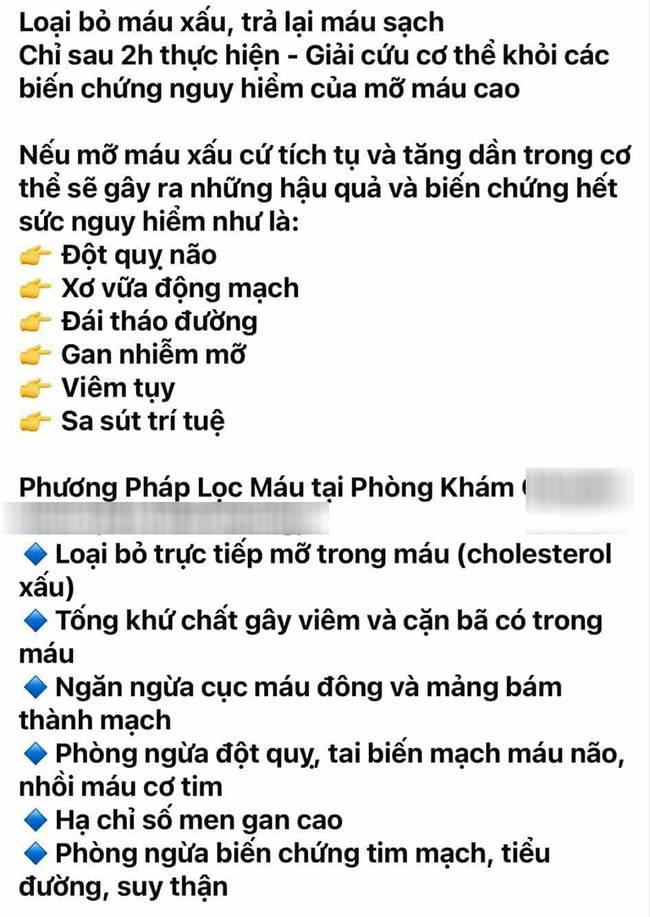 Quảng cáo lọc mỡ máu trên mạng xã hội, ảnh chụp màn hình