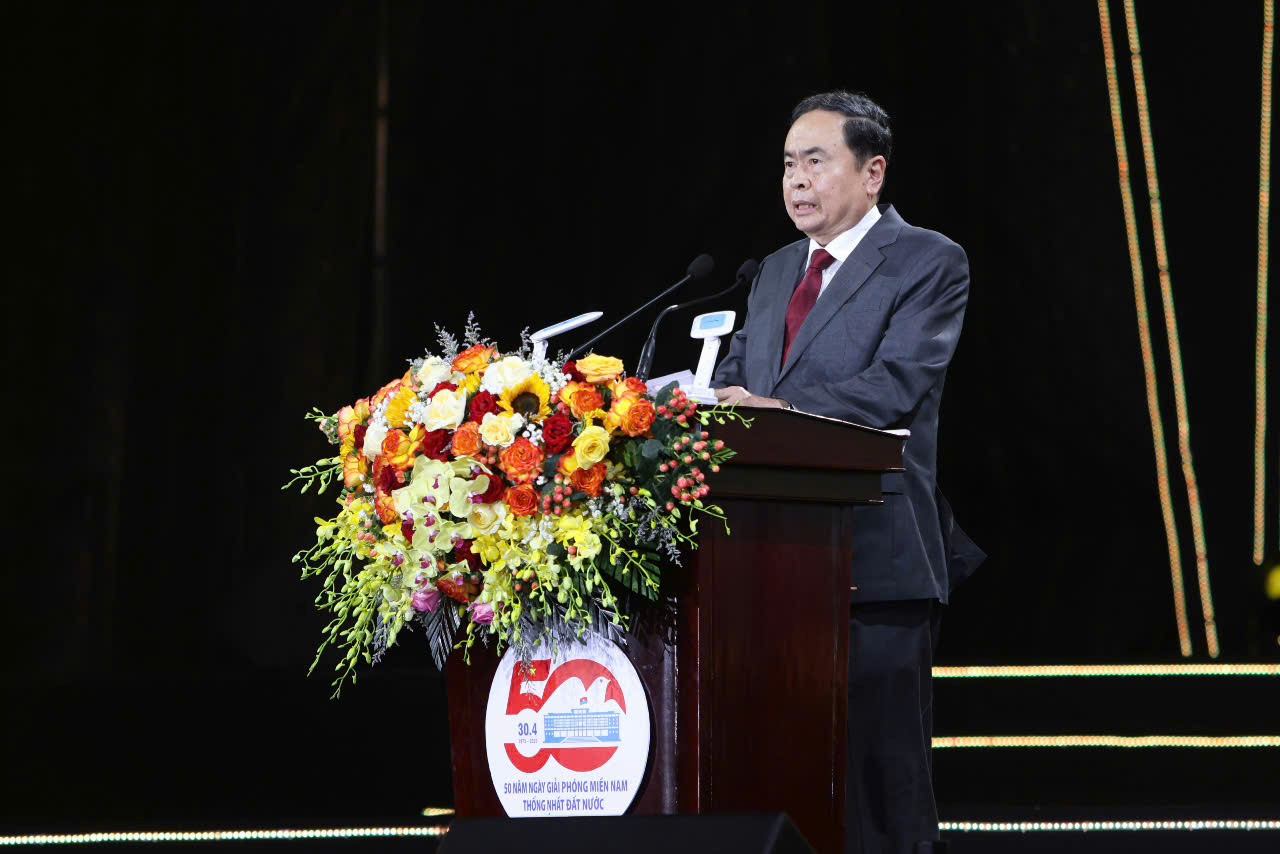 Chủ tịch Quốc hội Trần Thanh Mẫn phát biểu tại lễ kỷ niệm.Ảnh: Trung Phạm