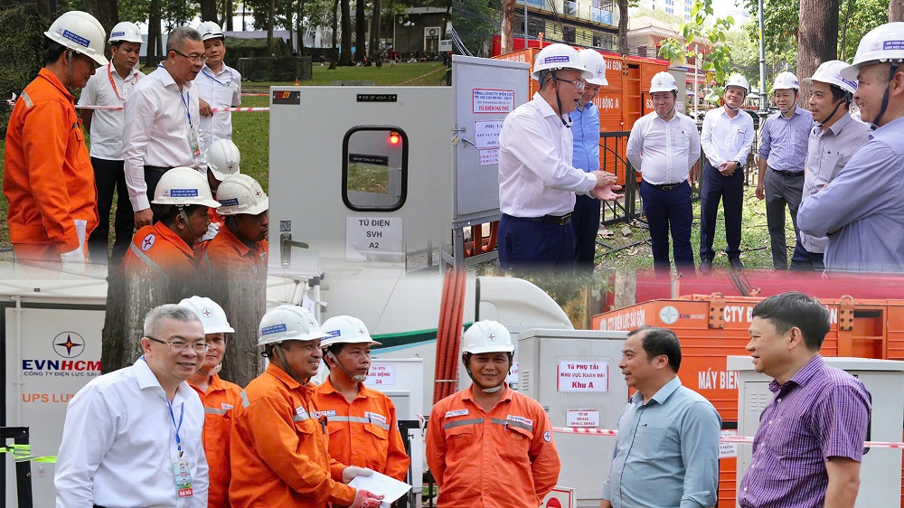 Ông Ngô Sơn Hải - Phó tổng giám đốc EVN đi kiểm tra và đồng viện anh em công nhân tại các điểm trực - Ảnh: EVNHCMC